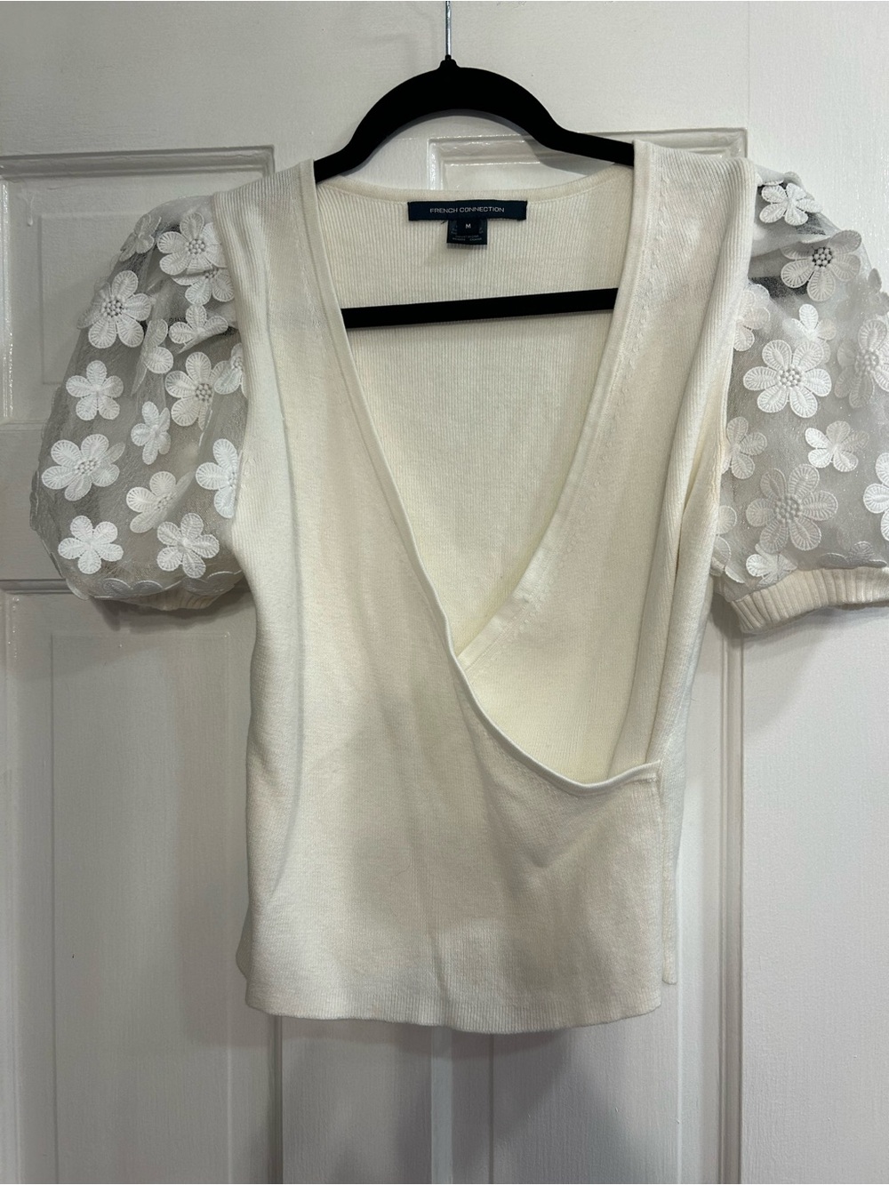 French Connection Women's White Lace Sleeve Crossover V-Neck Sweater